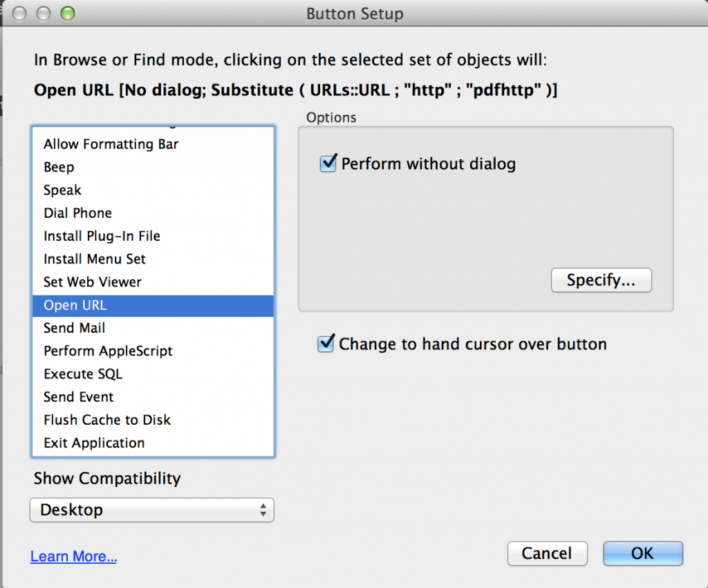 "FileMaker Button setup dialog"